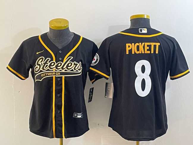Women%27s Pittsburgh Steelers #8 Kenny Pickett Black With Patch Cool Base Stitched Baseball Jersey Dzhi